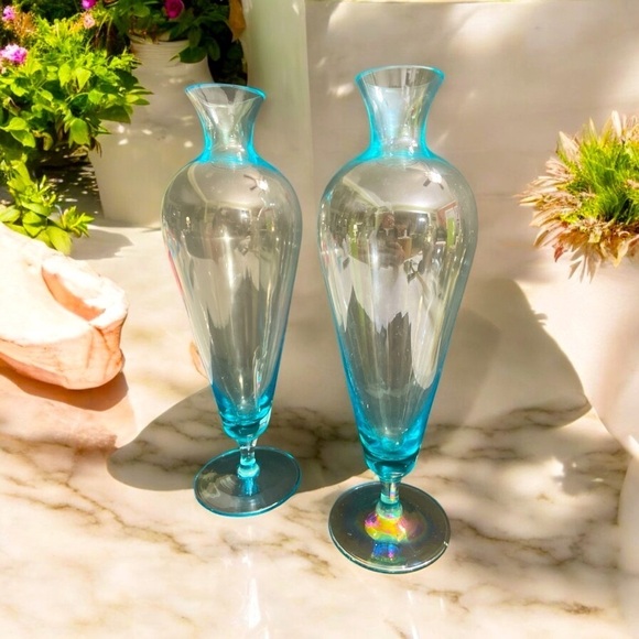 Pair of Vintage Mid-Century Modern
Light Blue Art Glass Vase Footed - Picture 3 of 10